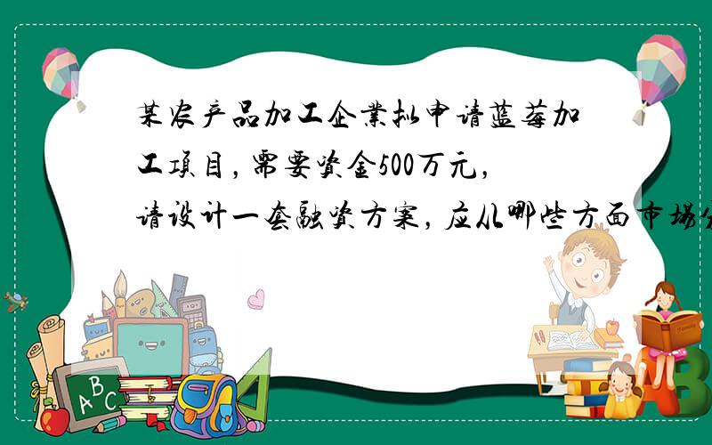 某农产品加工企业拟申请蓝莓加工项目，需要资金500万元，请设计一套融资方案，应从哪些方面市场分析，项