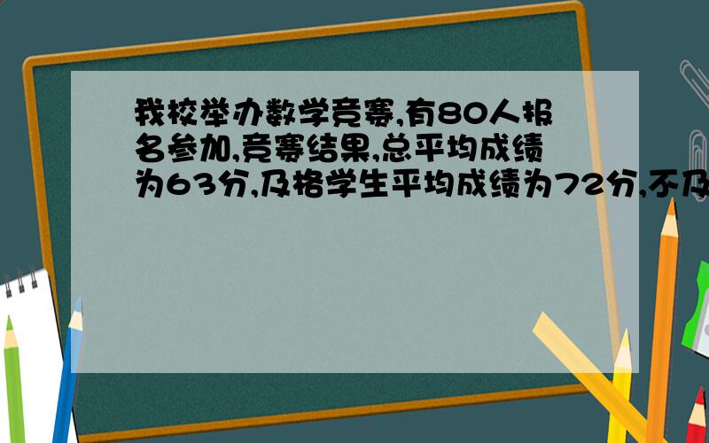 我校举办数学竞赛,有80人报名参加,竞赛结果,总平均成绩为63分,及格学生平均成绩为72分,不及格学生平均为48分,不及格和及格人数各多少?（一元一次方程）