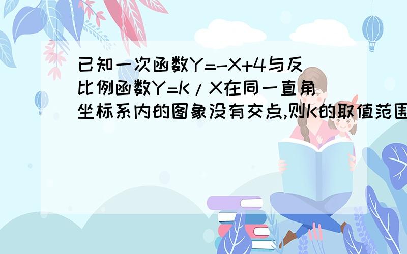 已知一次函数Y=-X+4与反比例函数Y=K/X在同一直角坐标系内的图象没有交点,则K的取值范围是?