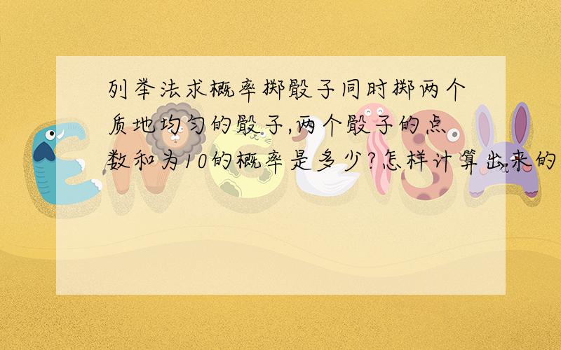 列举法求概率掷骰子同时掷两个质地均匀的骰子,两个骰子的点数和为10的概率是多少?怎样计算出来的?详解. 急!