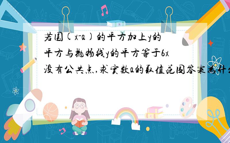 若圆(x-a)的平方加上y的平方与抛物线y的平方等于6x没有公共点,求实数a的取值范围答案为什么是a>2或a