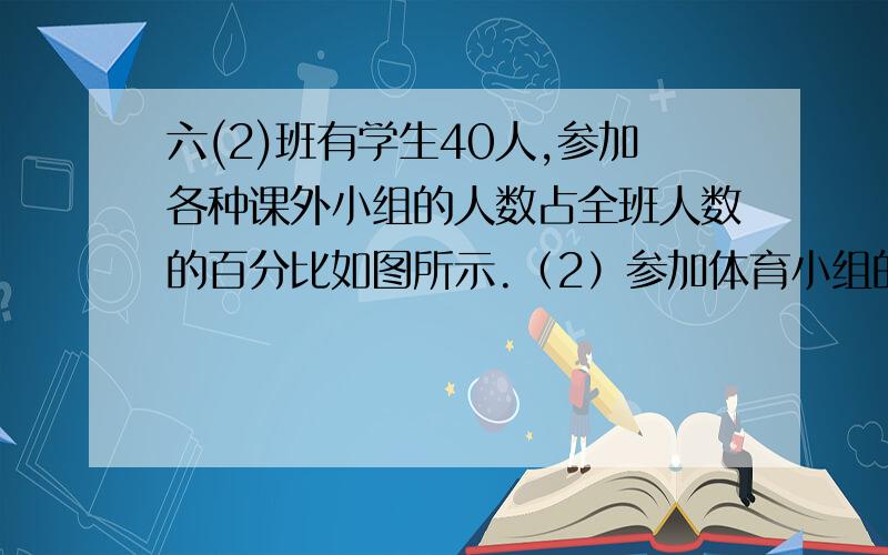 六(2)班有学生40人,参加各种课外小组的人数占全班人数的百分比如图所示.（2）参加体育小组的比参加美术小组的多多少人?