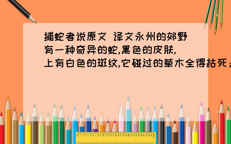 捕蛇者说原文 译文永州的郊野有一种奇异的蛇,黑色的皮肤,上有白色的斑纹,它碰过的草木全得枯死；(若)咬了人,就没有医治的办法.但把它捉了来,风干以后制成药饵,却可以治好麻风、手脚麻