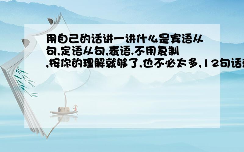 用自己的话讲一讲什么是宾语从句,定语从句,表语.不用复制,按你的理解就够了,也不必太多,12句话就够了.