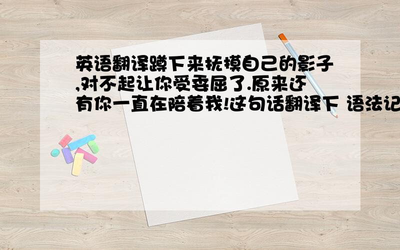 英语翻译蹲下来抚摸自己的影子,对不起让你受委屈了.原来还有你一直在陪着我!这句话翻译下 语法记得别弄错 O.O2000回答的对不？谁知道？