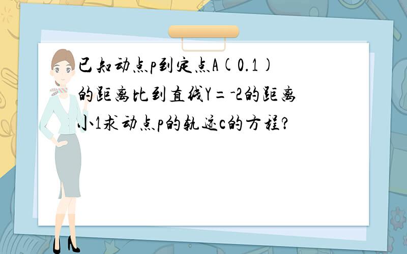 已知动点p到定点A(0.1)的距离比到直线Y=-2的距离小1求动点p的轨迹c的方程?