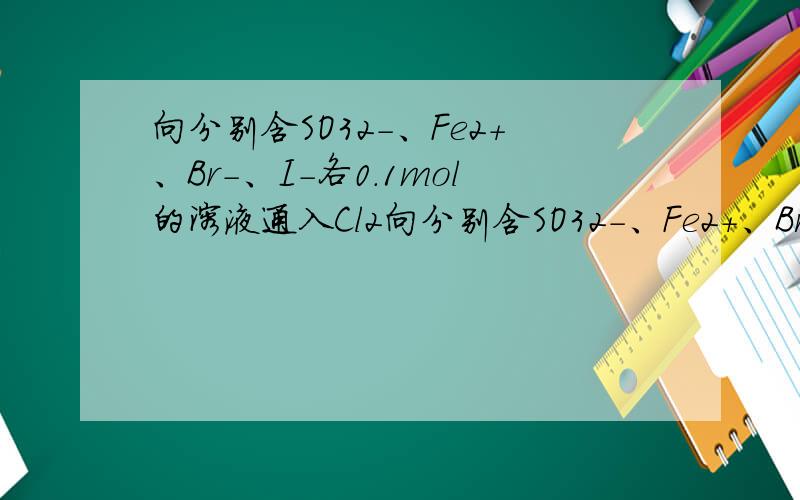 向分别含SO32－、Fe2＋、Br－、I－各0.1mol的溶液通入Cl2向分别含SO32－、Fe2＋、Br－、I－各0.1mol的溶液中,通入标准状况下的Cl2,通入Cl2的体积和溶液中相关离子的物质的量关系图正确的是：