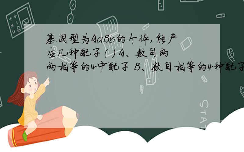 基因型为AaBb的个体,能产生几种配子（ ） A、数目两两相等的4中配子 B、数目相等的4种配子 C、数目相等的基因型为AaBb的个体,能产生几种配子（ ）A、数目两两相等的4中配子B、数目相等的4