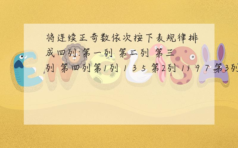 将连续正奇数依次按下表规律排成四列:第一列 第二列 第三列 第四列第1列 1 3 5 第2列 11 9 7 第3列 13 15 17第4列 23 21 19…… ……（1）.在第201行第一列的数是（2）.963在哪一列哪一行