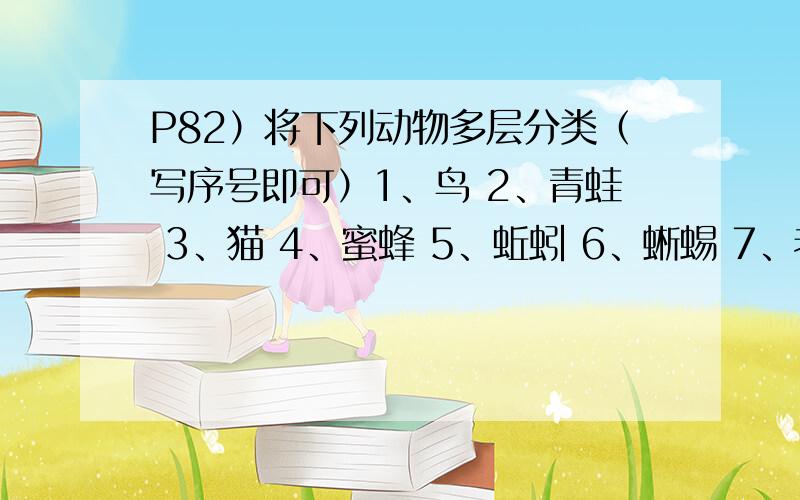 P82）将下列动物多层分类（写序号即可）1、鸟 2、青蛙 3、猫 4、蜜蜂 5、蚯蚓 6、蜥蜴 7、老虎 8、蜘蛛 9、蟾蜍 10、壁虎 11、鱼注意：是多层分类。先分两类，再根据这两类分四类，再根据