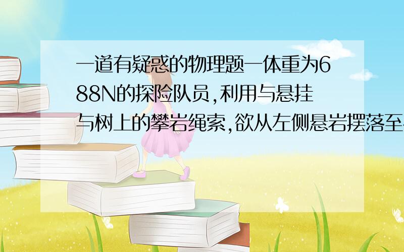 一道有疑惑的物理题一体重为688N的探险队员,利用与悬挂与树上的攀岩绳索,欲从左侧悬岩摆落至右侧悬岩,已知绳索长18m,最大承受力为950N,人在摆荡过程中竖直下落的最大高度为3.2m,问（1）此