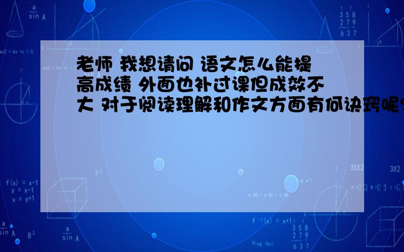 老师 我想请问 语文怎么能提高成绩 外面也补过课但成效不大 对于阅读理解和作文方面有何诀窍呢?