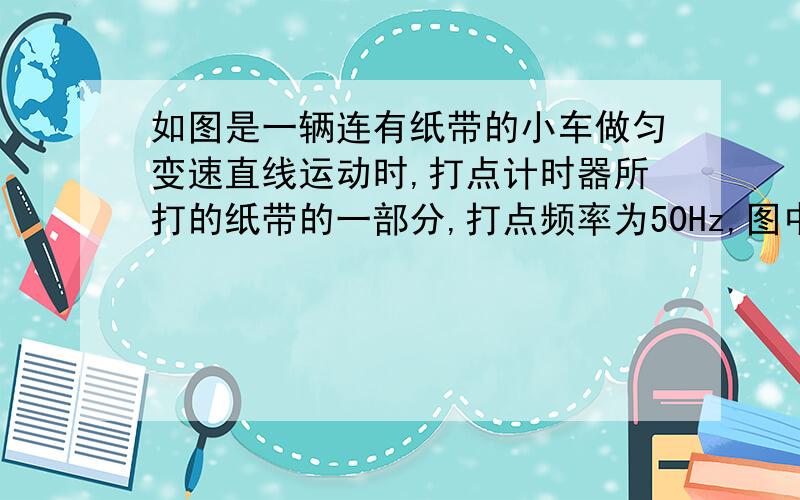 如图是一辆连有纸带的小车做匀变速直线运动时,打点计时器所打的纸带的一部分,打点频率为50Hz,图中A、B、C、D、E、F…是按时间顺序先后确定的计数点（每两个计数点间有四个实验点未画出