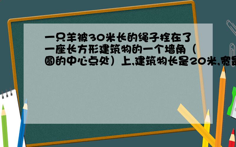 一只羊被30米长的绳子拴在了一座长方形建筑物的一个墙角（圆的中心点处）上,建筑物长是20米,宽是10米,建筑物周围全是草地.这只羊能吃到的草地的面积是多少平方米?