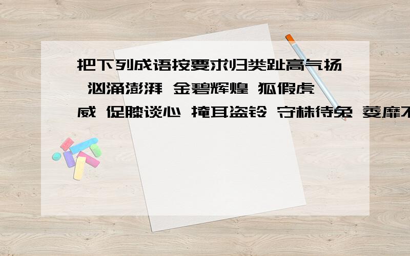 把下列成语按要求归类趾高气扬 汹涌澎湃 金碧辉煌 狐假虎威 促膝谈心 掩耳盗铃 守株待兔 萎靡不振 锦上添花 垂头丧气 秉烛夜游 亡羊补牢 汗流浃背描写景物的成语：描写人物神态的成语