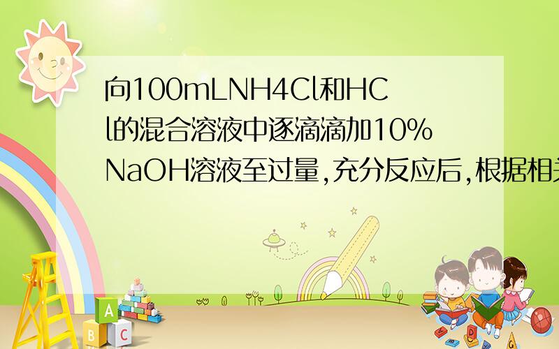 向100mLNH4Cl和HCl的混合溶液中逐滴滴加10%NaOH溶液至过量,充分反应后,根据相关数据绘制出以NaOH溶液质量为x轴的图像,如下图,已知NH3+HCl=NH4Cl,则下列说法不正确的是A OB段（不含端点）溶液中溶