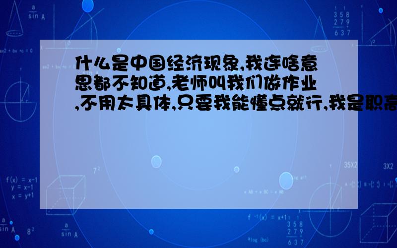 什么是中国经济现象,我连啥意思都不知道,老师叫我们做作业,不用太具体,只要我能懂点就行,我是职高,学的电子商务,经济学也不懂.谁可以帮下啊.最好能给方向,举个例子出来