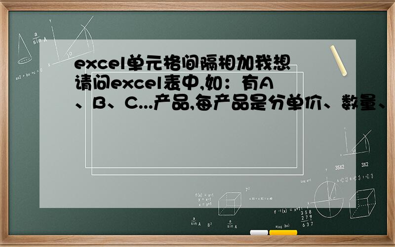 excel单元格间隔相加我想请问excel表中,如：有A、B、C...产品,每产品是分单价、数量、金额 ,最后是合计,合计的时候我想把各产品的数量相加、金额相加,不想一格一格的加,有没有什么公式可