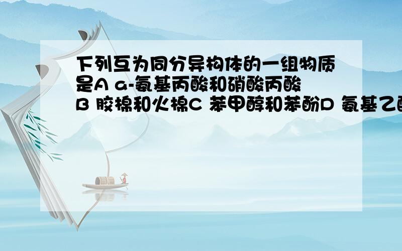 下列互为同分异构体的一组物质是A a-氨基丙酸和硝酸丙酸B 胶棉和火棉C 苯甲醇和苯酚D 氨基乙酸和甘乙酸知道的哥哥姐姐帮帮忙、本人对这个不大明白