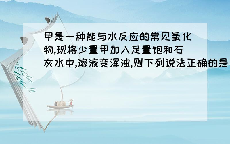 甲是一种能与水反应的常见氧化物,现将少量甲加入足量饱和石灰水中,溶液变浑浊,则下列说法正确的是…………………………………………………………………（ ）A．甲一定是二氧化碳 B．