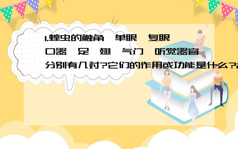 1.蝗虫的触角、单眼、复眼、口器、足、翅、气门、听觉器官分别有几对?它们的作用或功能是什么?2.蝗虫的外骨骼有什么作用?3.蝗虫的复眼和单眼的作用相同吗?4.蝗虫对农作物有哪些危害?对