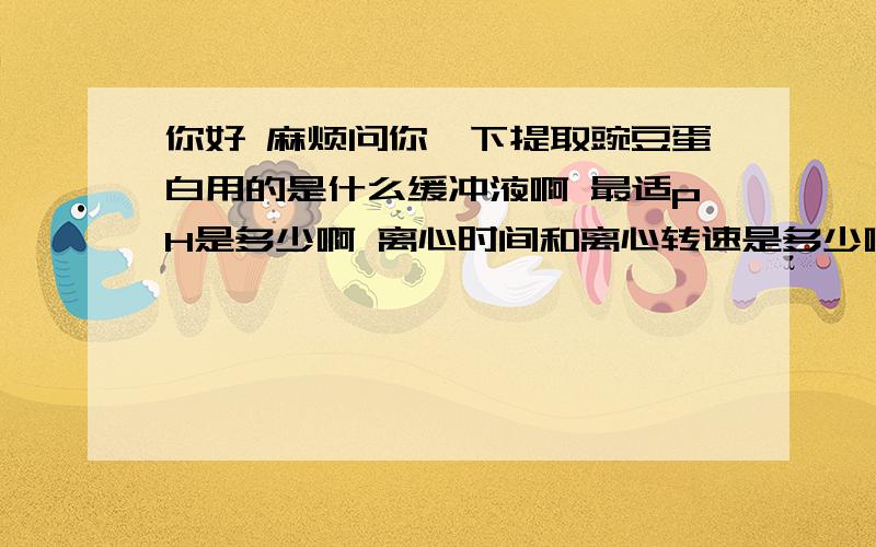 你好 麻烦问你一下提取豌豆蛋白用的是什么缓冲液啊 最适pH是多少啊 离心时间和离心转速是多少啊 谢谢啦