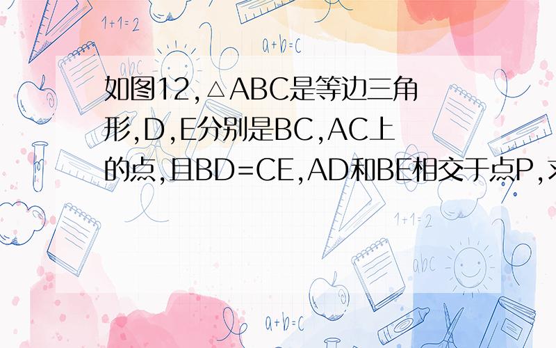 如图12,△ABC是等边三角形,D,E分别是BC,AC上的点,且BD=CE,AD和BE相交于点P,求∠APE的度数