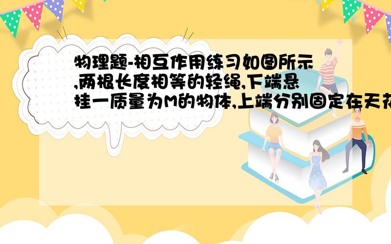 物理题-相互作用练习如图所示,两根长度相等的轻绳,下端悬挂一质量为M的物体,上端分别固定在天花板上的A,B点,且A和B两点的距离为X.已知两绳所能经受的最大拉力均为F,则每根绳的长度不得