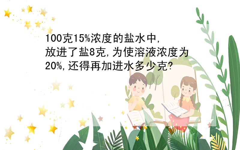 100克15%浓度的盐水中,放进了盐8克,为使溶液浓度为20%,还得再加进水多少克?