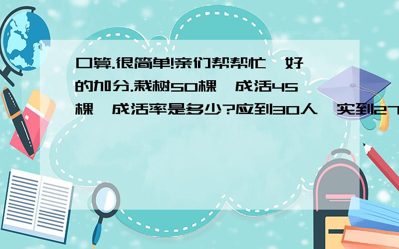 口算.很简单!亲们帮帮忙,好的加分.栽树50棵,成活45棵,成活率是多少?应到30人,实到27人,出勤率是多少?500千克稻谷碾米350千克,出米率是多少?加工产品0100件,合格98件,合格率是多少?用300粒种子