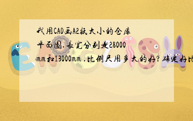 我用CAD画A2纸大小的仓库平面图,长宽分别是28000mm和13000mm ,比例尺用多大的好?确定好比例尺后,在CAD上长宽画多大的?要先画A2纸的标题栏吗?还是先画平面图?怎样标注比例尺?