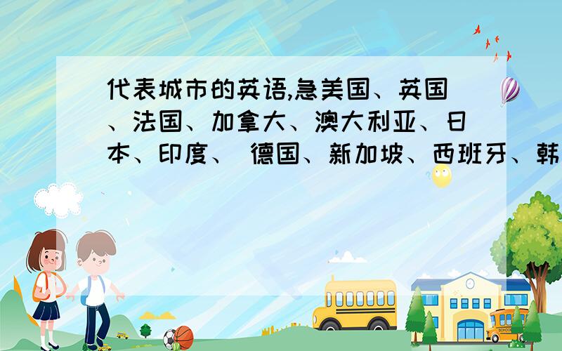 代表城市的英语,急美国、英国、法国、加拿大、澳大利亚、日本、印度、 德国、新加坡、西班牙、韩国、巴西、新西兰、奥地利、瑞士、 瑞典、俄罗斯这几个国家的代表城市英文.