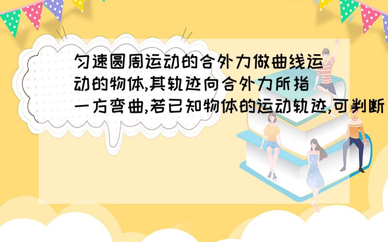 匀速圆周运动的合外力做曲线运动的物体,其轨迹向合外力所指一方弯曲,若已知物体的运动轨迹,可判断出物体所受合力的大致方向．速度和加速度在轨迹两侧,轨迹向力的方向弯曲,但不会达