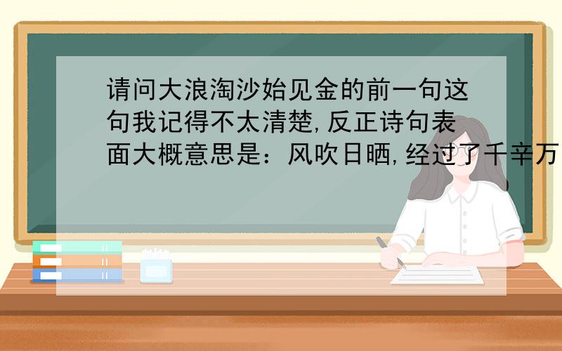 请问大浪淘沙始见金的前一句这句我记得不太清楚,反正诗句表面大概意思是：风吹日晒,经过了千辛万苦,最后终于得到了金子