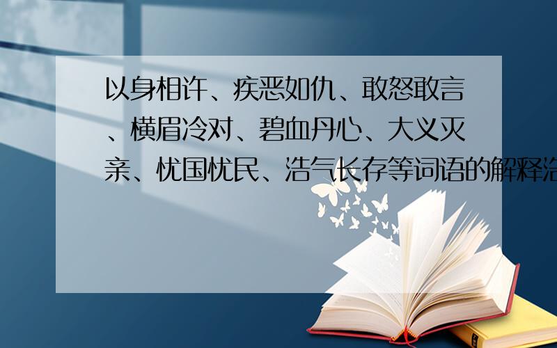 以身相许、疾恶如仇、敢怒敢言、横眉冷对、碧血丹心、大义灭亲、忧国忧民、浩气长存等词语的解释浩气长存