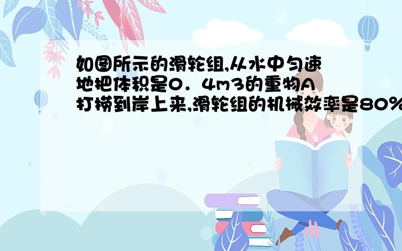 如图所示的滑轮组,从水中匀速地把体积是0．4m3的重物A打捞到岸上来,滑轮组的机械效率是80％,求在整个打求在整个打捞过程中所需拉力F的变化范围。（ρ铁=7．0×103kg／m3）