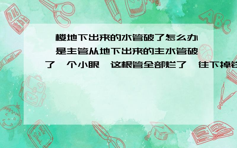 一楼地下出来的水管破了怎么办,是主管从地下出来的主水管破了一个小眼,这根管全部烂了,往下掉铁了那样.本来想拿砂纸磨了上层漆,可今天听见有漏水声,发现有个小米大小的眼漏水.怎么办