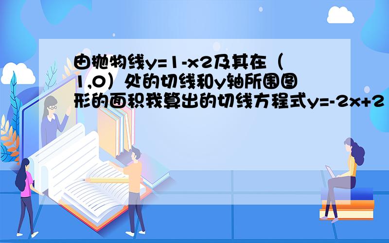 由抛物线y=1-x2及其在（1,0）处的切线和y轴所围图形的面积我算出的切线方程式y=-2x+2 面积是2/3但是参考答案是1/3请问哪个正确请问有人知道吗