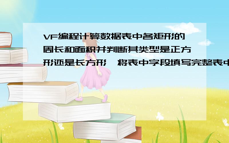 VF编程计算数据表中各矩形的周长和面积并判断其类型是正方形还是长方形,将表中字段填写完整表中长和宽字段已给出,类型、周长和面积字段给出的空白字段,要求通过编程补充完整