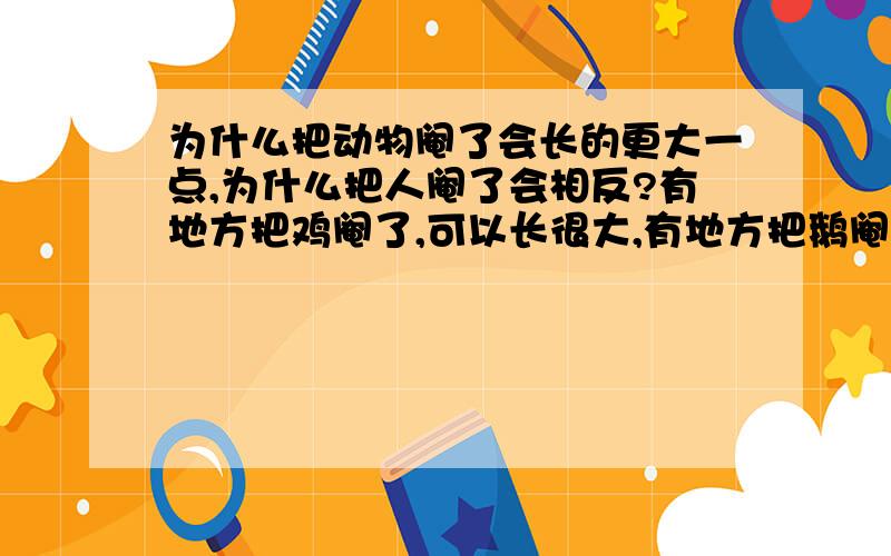 为什么把动物阉了会长的更大一点,为什么把人阉了会相反?有地方把鸡阉了,可以长很大,有地方把鹅阉了,鹅长很大.普遍的把猪阉了,猪肯长.把牛阉了,牛有力气.为什么把人阉了（太监）太监就