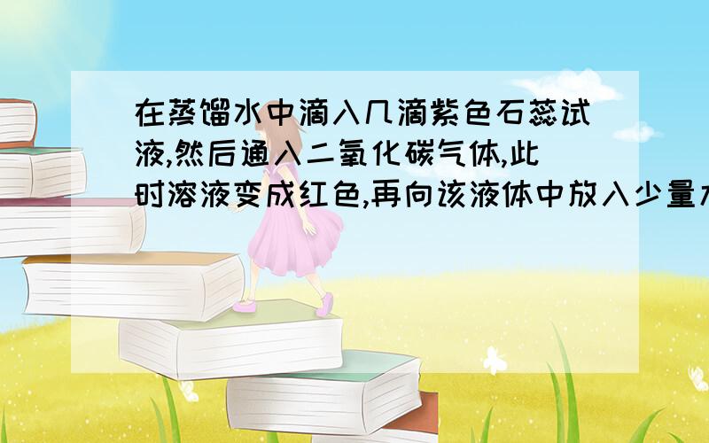 在蒸馏水中滴入几滴紫色石蕊试液,然后通入二氧化碳气体,此时溶液变成红色,再向该液体中放入少量木炭震荡,溶液又呈——色,这是因为——的缘故