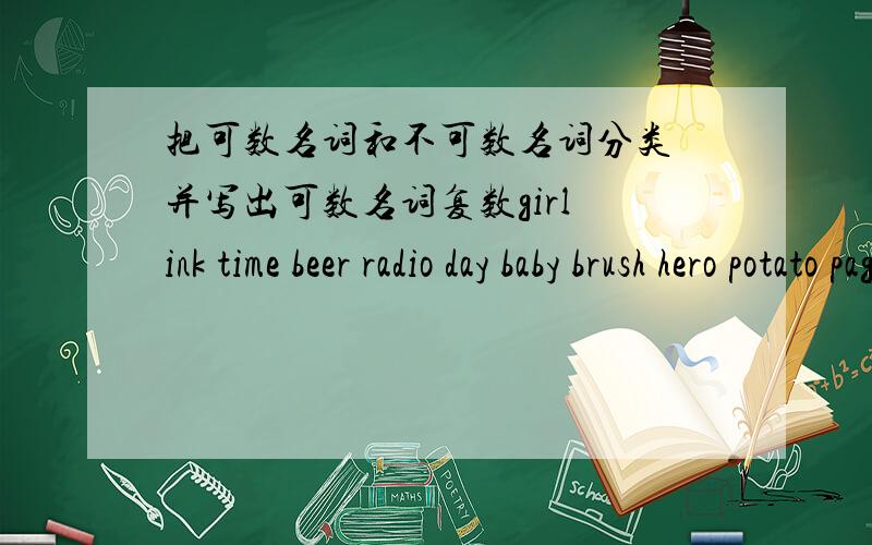 把可数名词和不可数名词分类 并写出可数名词复数girl ink time beer radio day baby brush hero potato page chair bread monay gold deer chinese wine piano bus box tomato country happiness knowledge