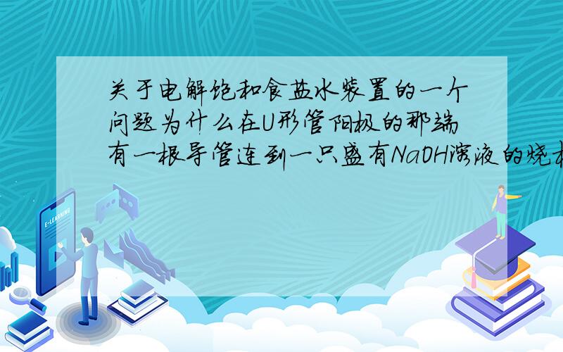 关于电解饱和食盐水装置的一个问题为什么在U形管阳极的那端有一根导管连到一只盛有NaOH溶液的烧杯里去呢?有什么作用?