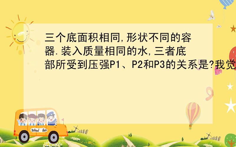 三个底面积相同,形状不同的容器.装入质量相同的水,三者底部所受到压强P1、P2和P3的关系是?我觉得都是相等的,根据压强的公式P=F/S,他们的质量相同压力也就相同,底面积相同,压强也相同.别