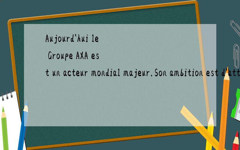 Aujourd'hui le Groupe AXA est un acteur mondial majeur.Son ambition est d'atteindre le leadership dans son métier,la Protection Financière.Sa stratégie gagnante s'appuie sur des valeurs et des engagements.