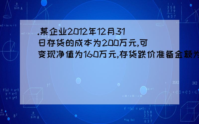 .某企业2012年12月31日存货的成本为200万元,可变现净值为160万元,存货跌价准备金额为20万元.2013年1月某企业2012年12月31日存货的成本为200万元,可变现净值为160万元,存货跌价准备金额为20万元.20