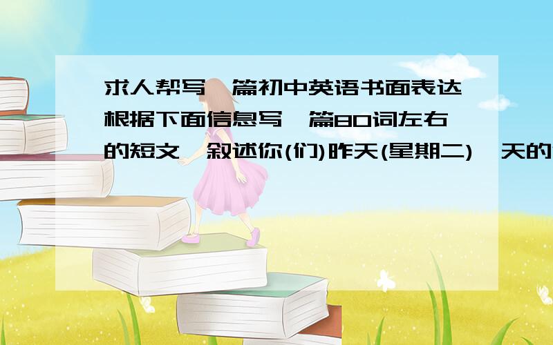 求人帮写一篇初中英语书面表达根据下面信息写一篇80词左右的短文,叙述你(们)昨天(星期二)一天的活动时间：上午_活动：上四节课_感受或其他：喜欢的,不喜欢的课程下午_上两节课_喜欢或