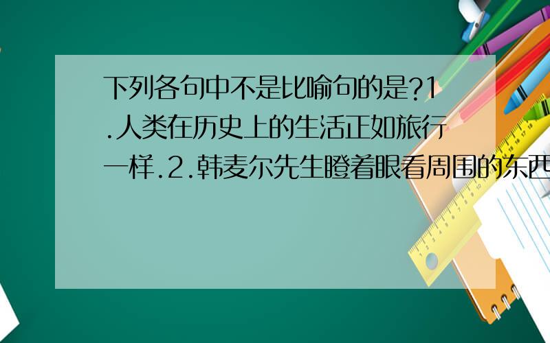 下列各句中不是比喻句的是?1.人类在历史上的生活正如旅行一样.2.韩麦尔先生瞪着眼看周围的东西,好像要把这小教室里的东西都装在眼睛里带走似的.3.这些字帖挂在我们课桌的铁杆上,就好