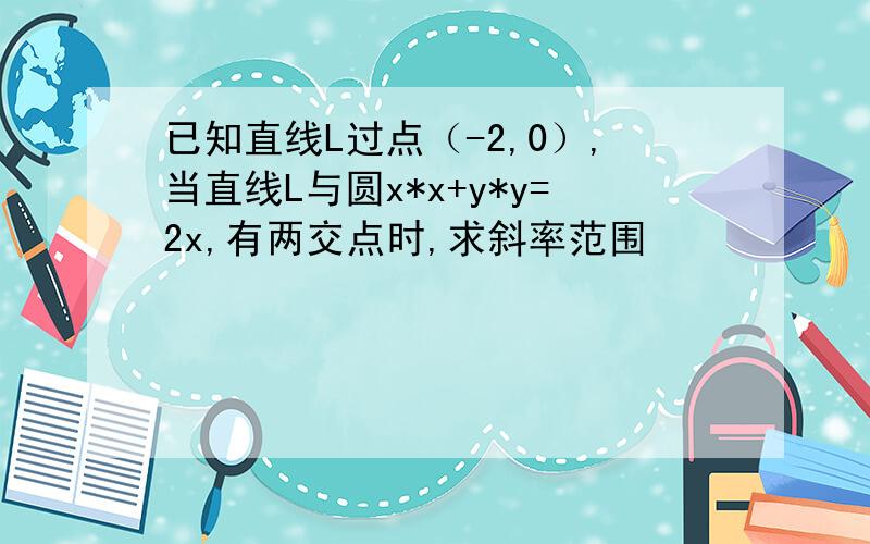 已知直线L过点（-2,0）,当直线L与圆x*x+y*y=2x,有两交点时,求斜率范围