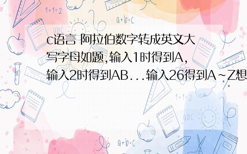 c语言 阿拉伯数字转成英文大写字母如题,输入1时得到A,输入2时得到AB...输入26得到A~Z想请问该如何写出?